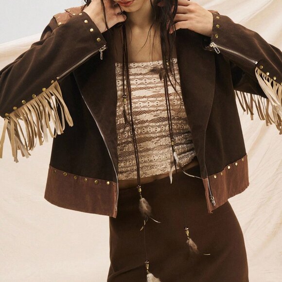 Multicolor Boho Women's Suede Fringe Jacket with Nomadic Rivets Tassel - Picture 4 of 8